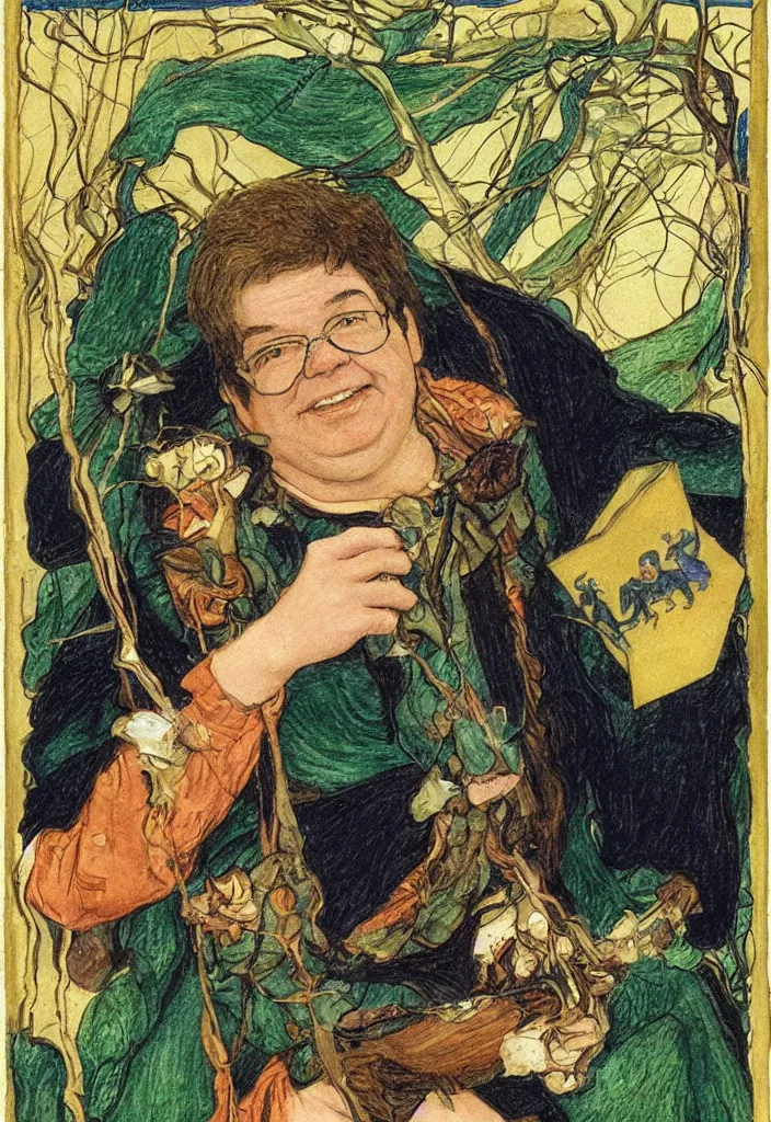 Image similar to Yann LeCun smiling on the Rider–Waite tarot. Illustration by preraphaelists.