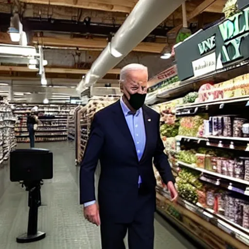 Image similar to joe biden at whole foods grocery store, surveillance camera