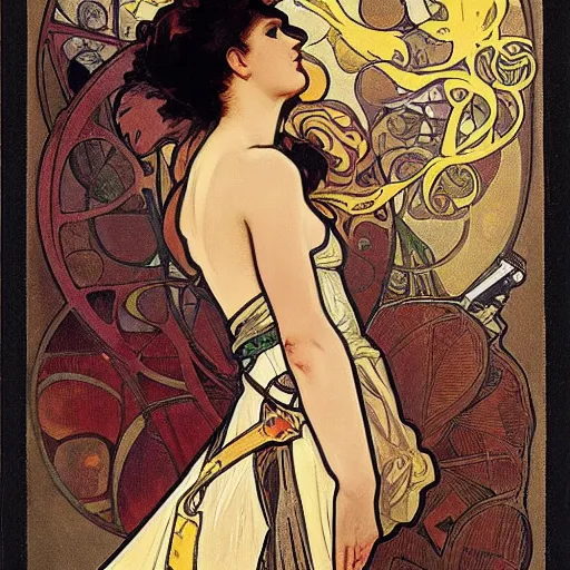 Prompt: female spy, painted by alphonse mucha