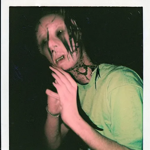 Prompt: Alien!!!! caught on camera basement polaroid photo 90s out of focus grimy