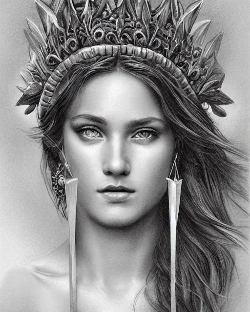 Image similar to pencil drawing of the beautiful greek goddess aphrodite wearing a laurel wreath with arrowhead earrings, piercing eyes, beautiful flowing hair, hyper realistic face, in the style of greg rutkowski, fantasy, amazing detail, epic, elegant, smooth, sharp focus