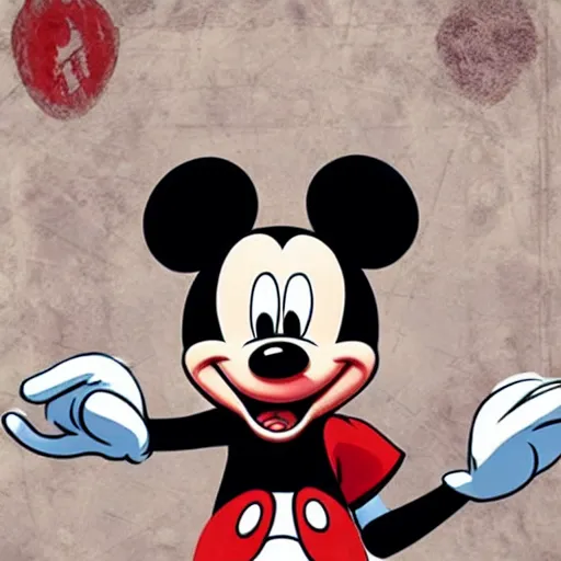 Image similar to Mickey Mouse as a character in the game GTA VI, with a background based on the game League of Legends, detailed face, PAINTING BY android jones