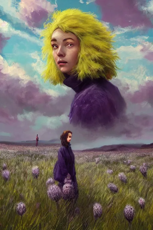 Prompt: portrait, enormous thistle flower over head, a girl wearing coat in heather field, surreal photography, wind and cold, dramatic sky, impressionist painting, digital painting, artstation, simon stalenhag