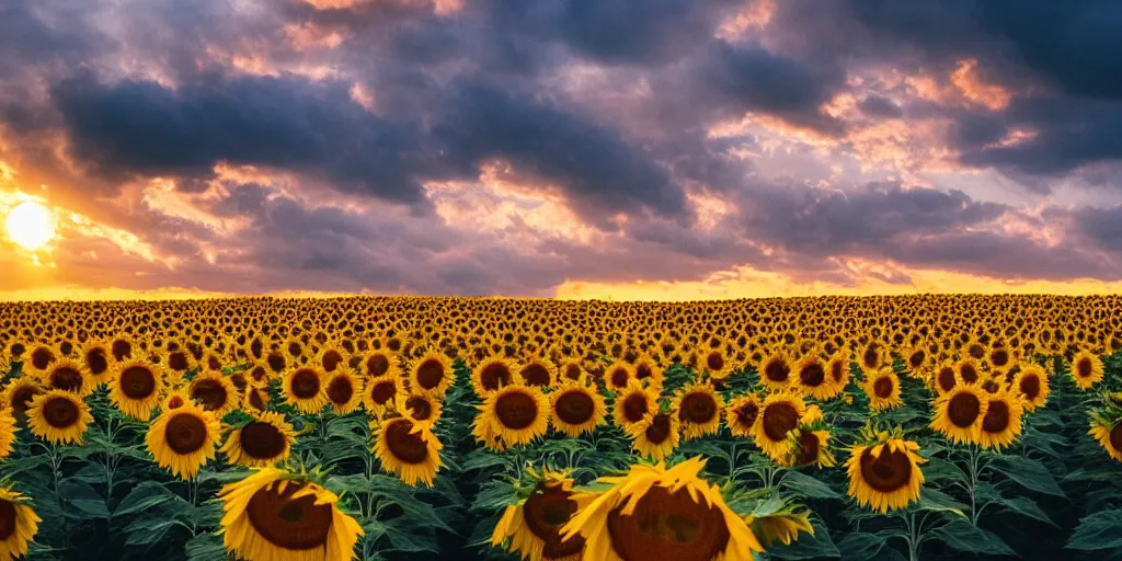 Image similar to a beautiful landscape photo of sunflowers, cinematic atmospheric golden hour