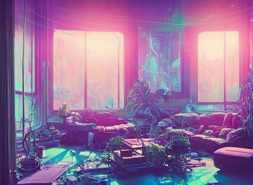 Prompt: telephoto photograph depicting the experience of acceptance in a cosy cluttered french sci - fi ( art nouveau ) cyberpunk apartment in a pastel dreamstate art cinema style. ( iridescent terrarium!, computer screens, window ( city ), leds, lamp, ( ( ( terrarium bed ) ) ) ), ambient light.