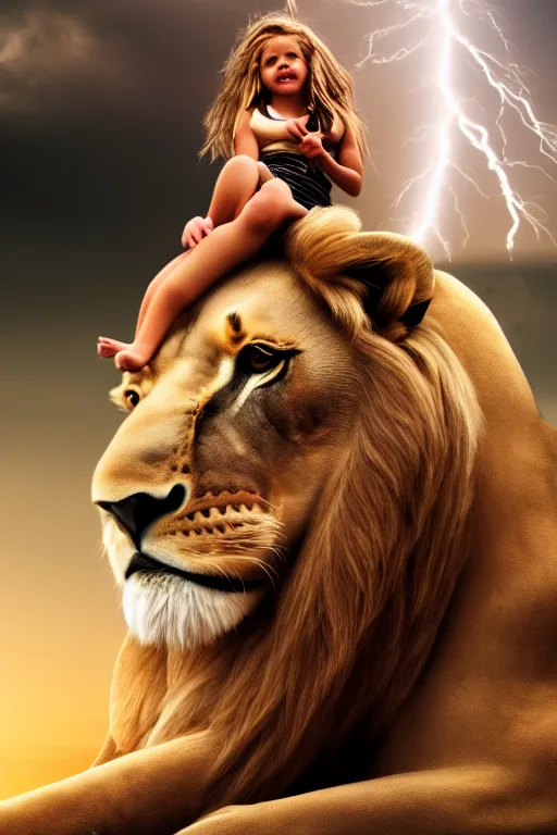 Prompt: girl riding on a lion, 2 0 year old girl, girl sitting on the lion, lion roaring, extremely detailed, high quality, cinematic, dramatic lightning, photo realistic, beautiful face, highly detailed face, 4 k