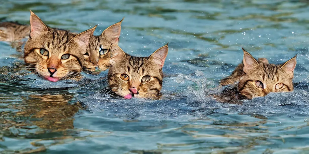Image similar to cats swimming in a lake in colombo sri lanka city, by Shinkai, Makoto