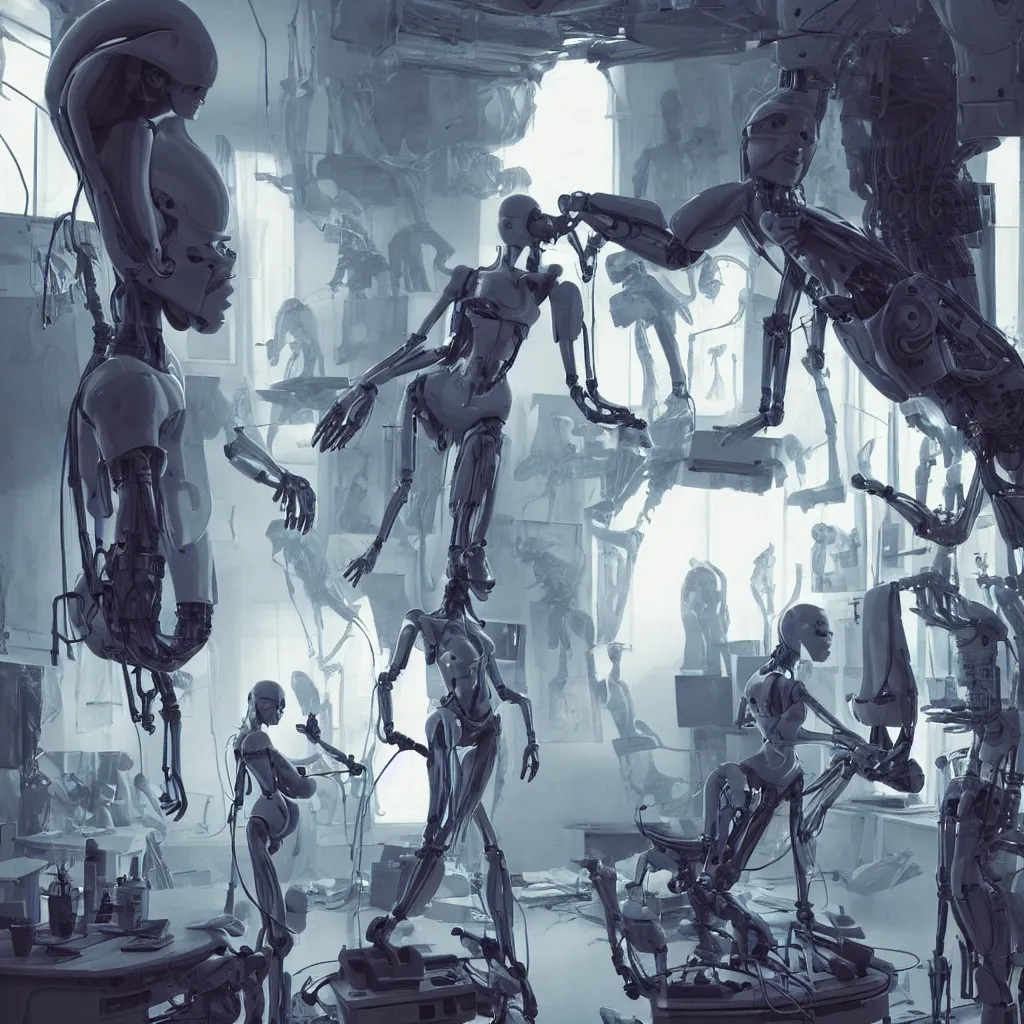 Prompt: extremely detailed cinematic movie still medium shot of supermodel girl artist working in her studio with human like robot hyperreal skin face by denis villeneuve, wayne barlowe, simon birch, marc simonetti, philippe druillet, beeple, alex grey bright volumetric sunlight, rich moody colors, bokeh