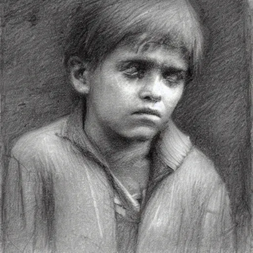 Image similar to portrait drawing of a homeless boy, charcoal, chalk, russian academicism, ilya repin, thomas kennington, dark, mix of hatching and smudging technique, moody, melancholic, hopeless expression, victorian city in the background