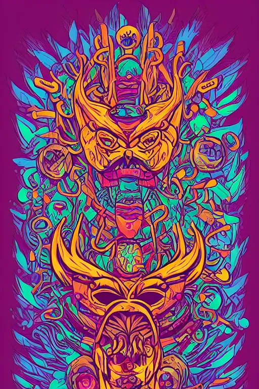 Image similar to animal mask totem roots flower tribal feather gemstone plant wood rock shaman vodoo video game vector cutout illustration vivid multicolor borderlands comics by josan gonzales and dan mumford radiating a glowing aura