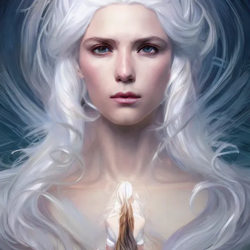 Image similar to god and goddess, white hair, long hair, gorgeous, amazing, elegant, intricate, highly detailed, digital painting, artstation, concept art, sharp focus, illustration, art by artgerm and greg rutkowski and alphonse mucha