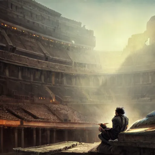 Image similar to a filipino man sitting on a tank holding a scepter and eating popcorn, fantasy colosseum background, fantasy, digital painting, volumetric light, intricate, sharp, focus, bloom, illustration, highly detailed, concept art, matte, ruan jia, randy vargas, greg rutkowski