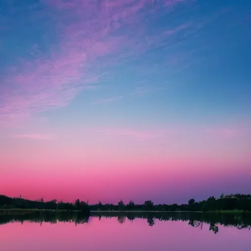 Image similar to dusk with pink and lavender sky with light pink clouds on a lake reflecting the pink sky dreamland