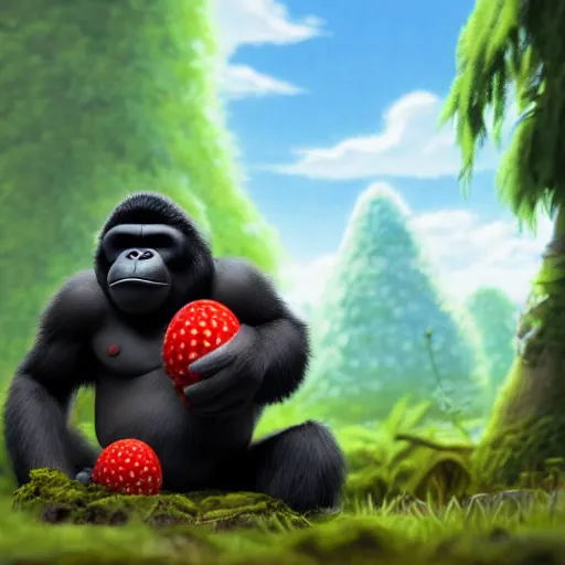 Image similar to a wholesome animation key shot of a small gorilla holding a amanita muscaria, chilled out smirk on face, driving a jeep, studio ghibli, pixar and disney animation, sharp, rendered in unreal engine 5, anime key art by greg rutkowski, bloom, dramatic lighting