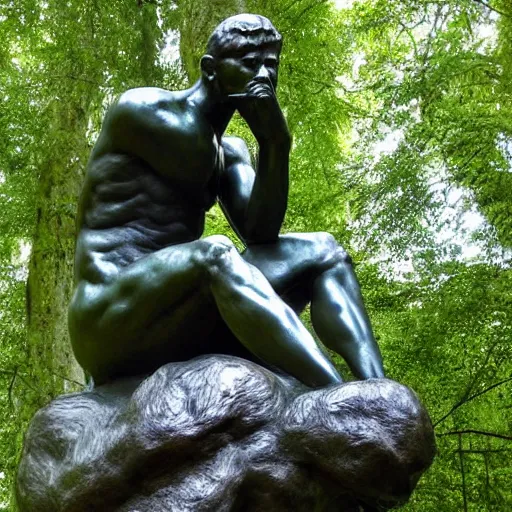 Image similar to The thinker sculpture by auguste rodin mushrooms at the base , placed in a lush forest, sketch, William Bartram