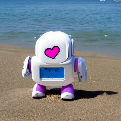 Prompt: a very cute happy robot with lots of hearts floating in the air on the beach in a sunny seaport