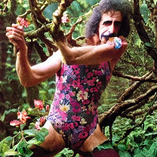 Image similar to Frank Zappa as a forest druid wearing a floral leotard frolicking in the hooded forest of verdant turmeric roots