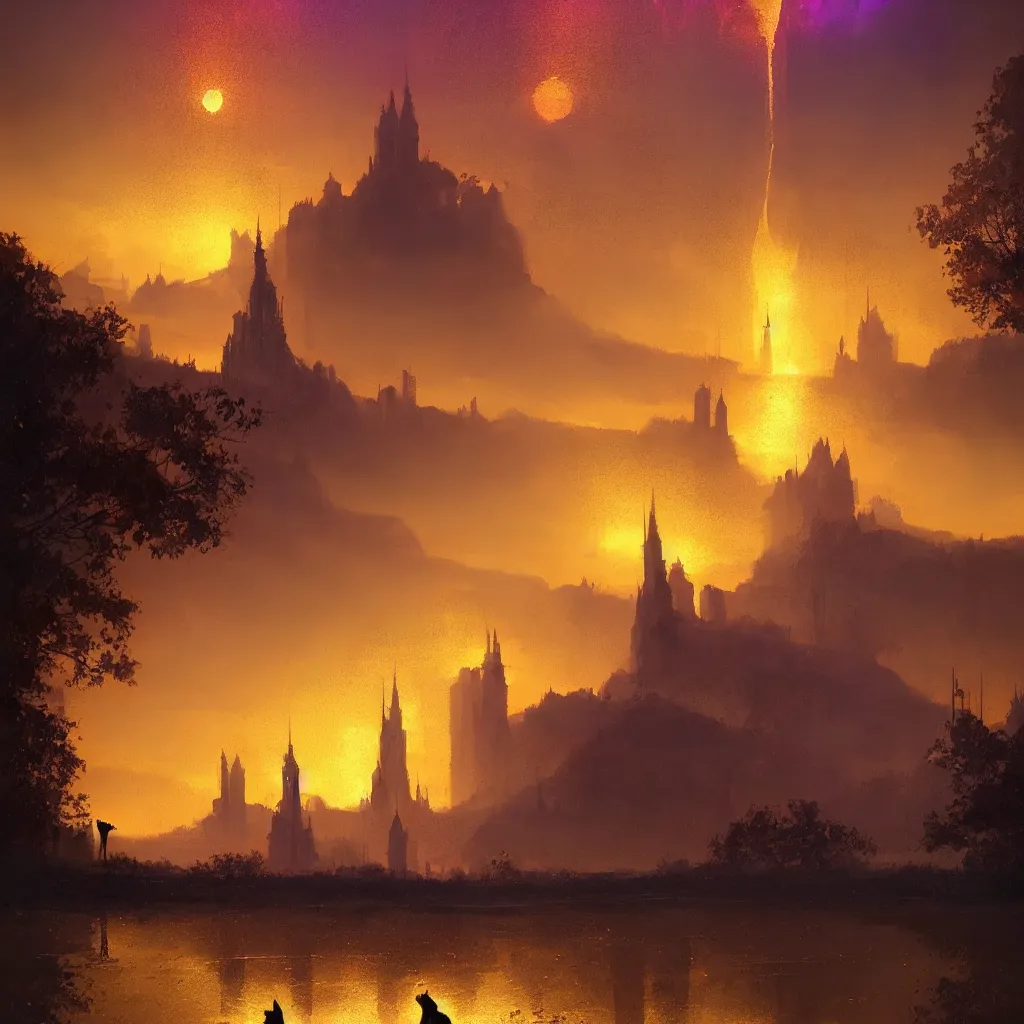 Image similar to lake filed with molten gold, volume lighting, cat on for ground and purple tower on back ground concept art, by greg rutkowski