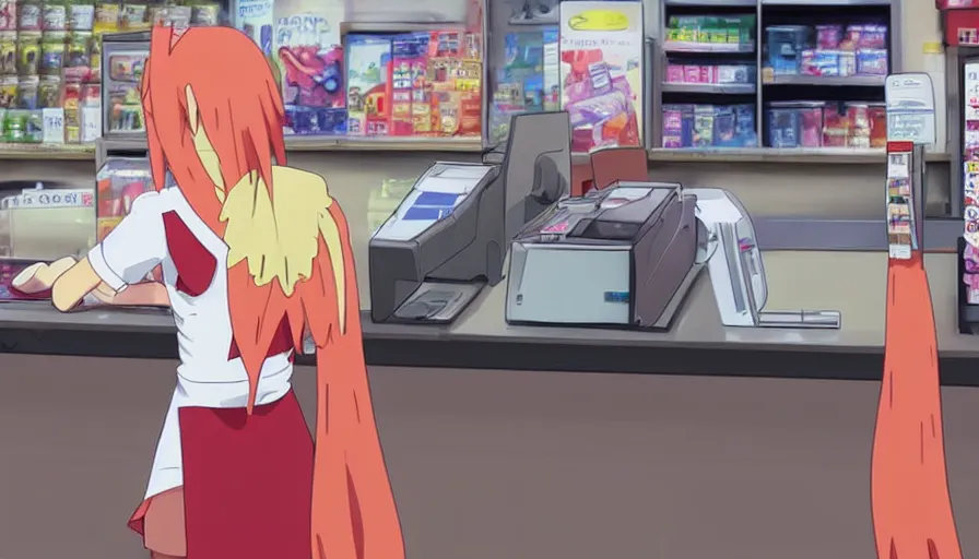 Image similar to Zero Two working the cash register at a rundown 7-Eleven by Ufotable