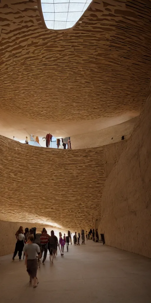 Image similar to indoor photo of a complex cultural building made of fractal rammed earth, people walking