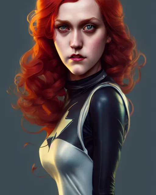 Prompt: Maika Monroe Batgirl, redhead, no mask, illustration, artstation, cinematic lighting, hyperdetailed, cgsociety, 8k, high resolution, Charlie Bowater, Tom Bagshaw, Norman Rockwell, insanely detailed and intricate
