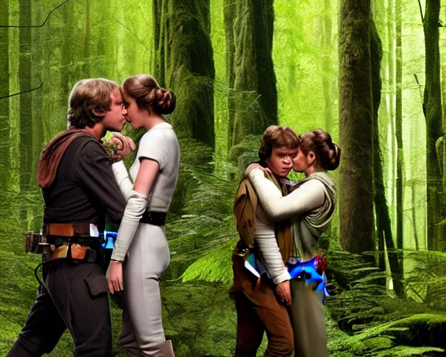 Image similar to luke skywalker, princess leia and han solo hugging and kissing in the forest of endor in a modern remake of return of the jedi