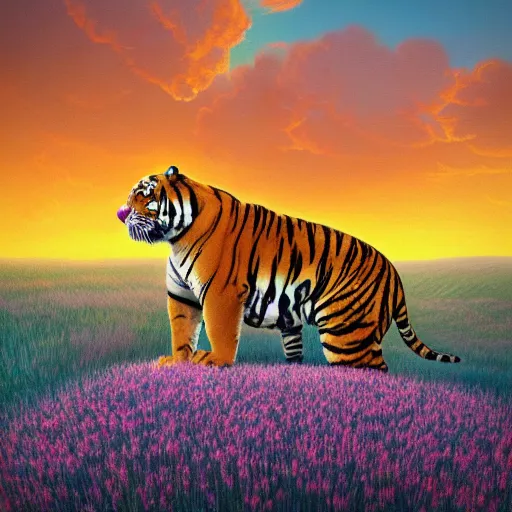 Prompt: a tiger watching a sunset, surreal photography, flower field, beautiful sunset on a summer day light, impressionist painting, colorful clouds, blue sky, digital painting, artstation, simon stalenhag