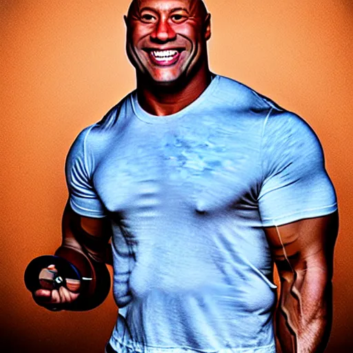 Prompt: Dwaye the rock johnson smiling with a knife in his hand