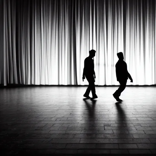 Image similar to Two male silhouettes on a gigantic abandoned theatre stage, they are walking towards the camera, there are curtains in the background, wide-angle, zoomed out, black-and-white, 50 mm