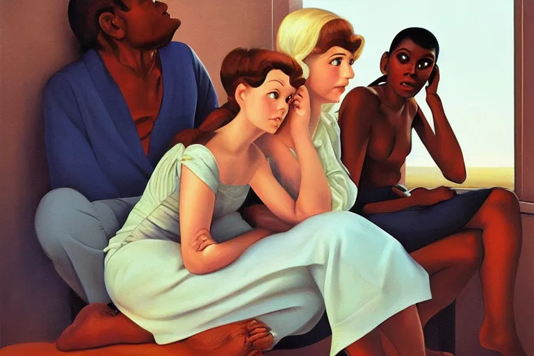 Prompt: beautiful painting of friends, beautiful faces, sitting on the edge, cute, soft light, digital painting by ralph mcquarrie and diane arbus and ernie barnes