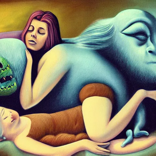 Prompt: surreal painting of woman sleeping with a monster