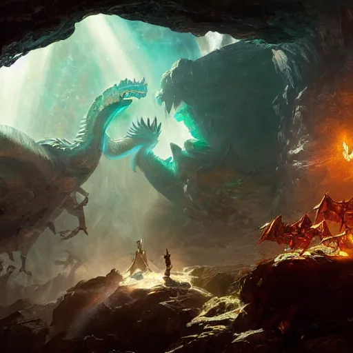 Image similar to three fantasy warriors slaying a large iridescent dragon in a dark cave, rays of light from above, fantasy painting by greg rutkowski