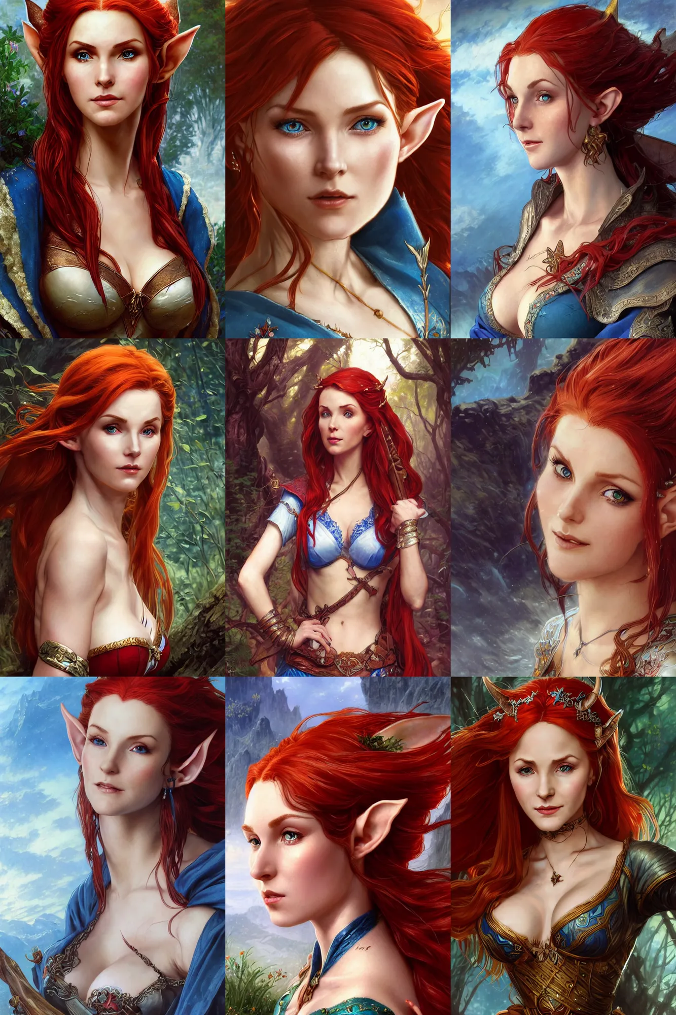 Prompt: alluring highly detailed closeup matte painting portrait of beautiful elf ( triss from witcher 3 ) pointed ears flowing red hair wearing chesty fantasy outfit and a blue cloak, very detailed, realistic, manga, by stanley artgerm lau, greg rutkowski, thomas kindkade, alphonse mucha, loish, norman rockwell j.