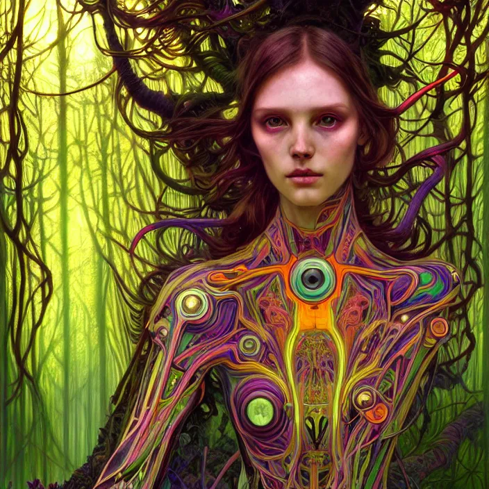 Prompt: bright psychedelic portrait of shy organic cyborg in an ancient forest, diffuse lighting, fantasy, intricate, elegant, highly detailed, lifelike, photorealistic, digital painting, artstation, illustration, concept art, smooth, sharp focus, art by John Collier and Albert Aublet and Krenz Cushart and Artem Demura and Alphonse Mucha