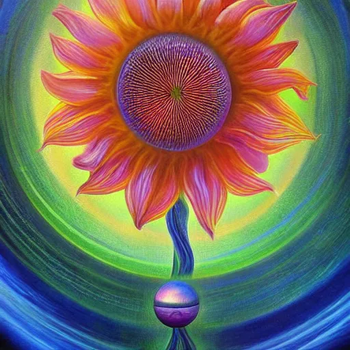 Image similar to a surreal detailed painting of a flower in the center of a picture near planet earth, an airbrush painting by david a. hardy, deviantart, metaphysical painting, airbrush art, chalk art, fractalism