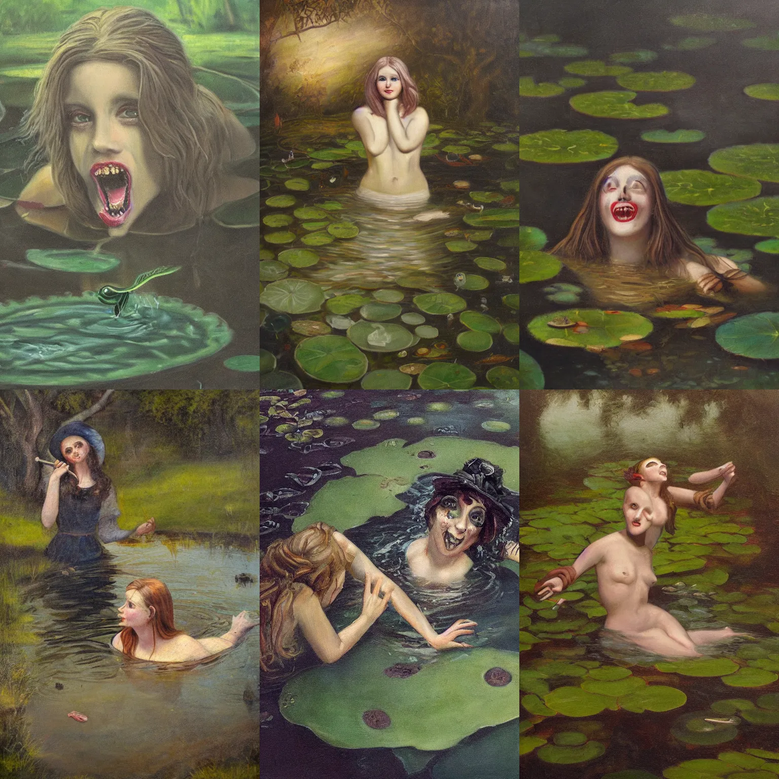 Prompt: of classic painting of Jenny Greenteeth emerging from a pond, folklore, creepy, dark, muted color palette, 4k, high quality