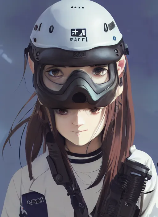 Prompt: a paintball sport player girl, softair center landscape, illustration, concept art, anime key visual, trending pixiv fanbox, by wlop and greg rutkowski and makoto shinkai and studio ghibli and kyoto animation, psp world cup, symmetrical facial features, short hair, white urban pop clothes, blue lens airsoft mask, blue airsoft pistol, realistic anatomy