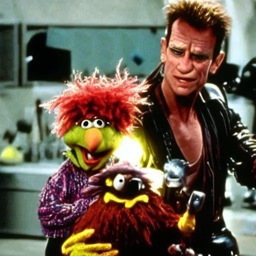 Prompt: fraggle rock meets terminator 2. Movie still.