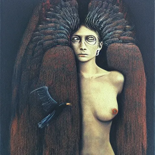 Image similar to young teen female with crow head , painting by Beksinski