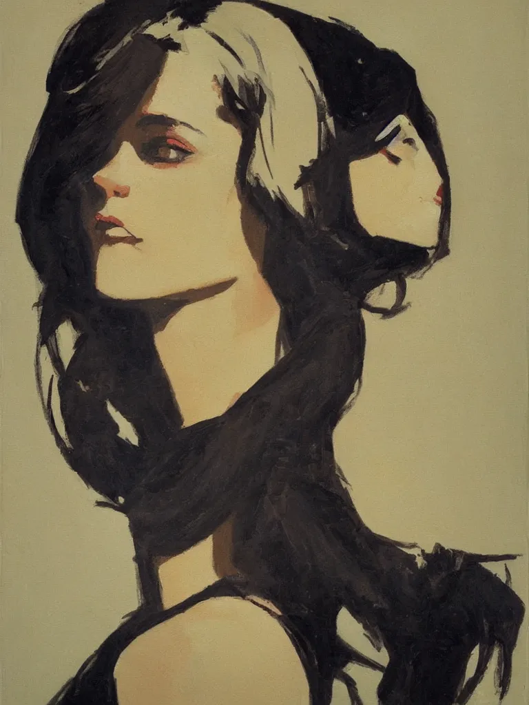 Prompt: portrait profile of a mysterious beautiful women in 1 9 7 8. oil painting by john watkiss