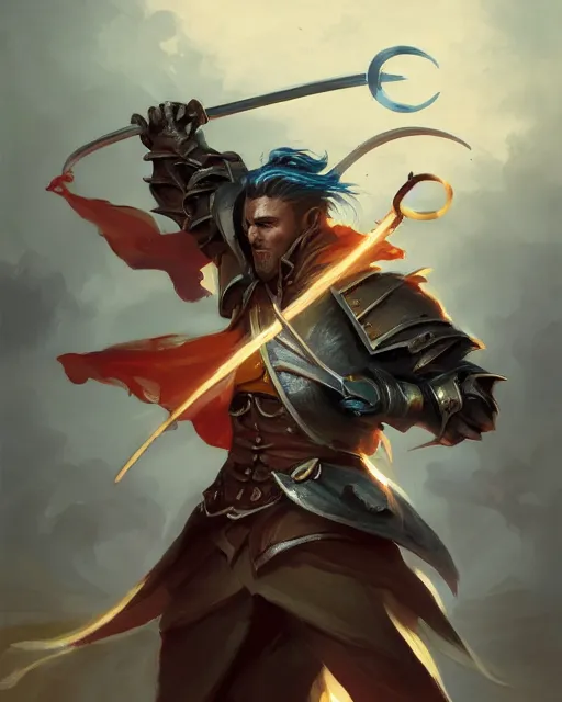 Prompt: action portrait of a magic knight fighting while casting spells with his swords, 4K trending on artstation by peter mohrbacher