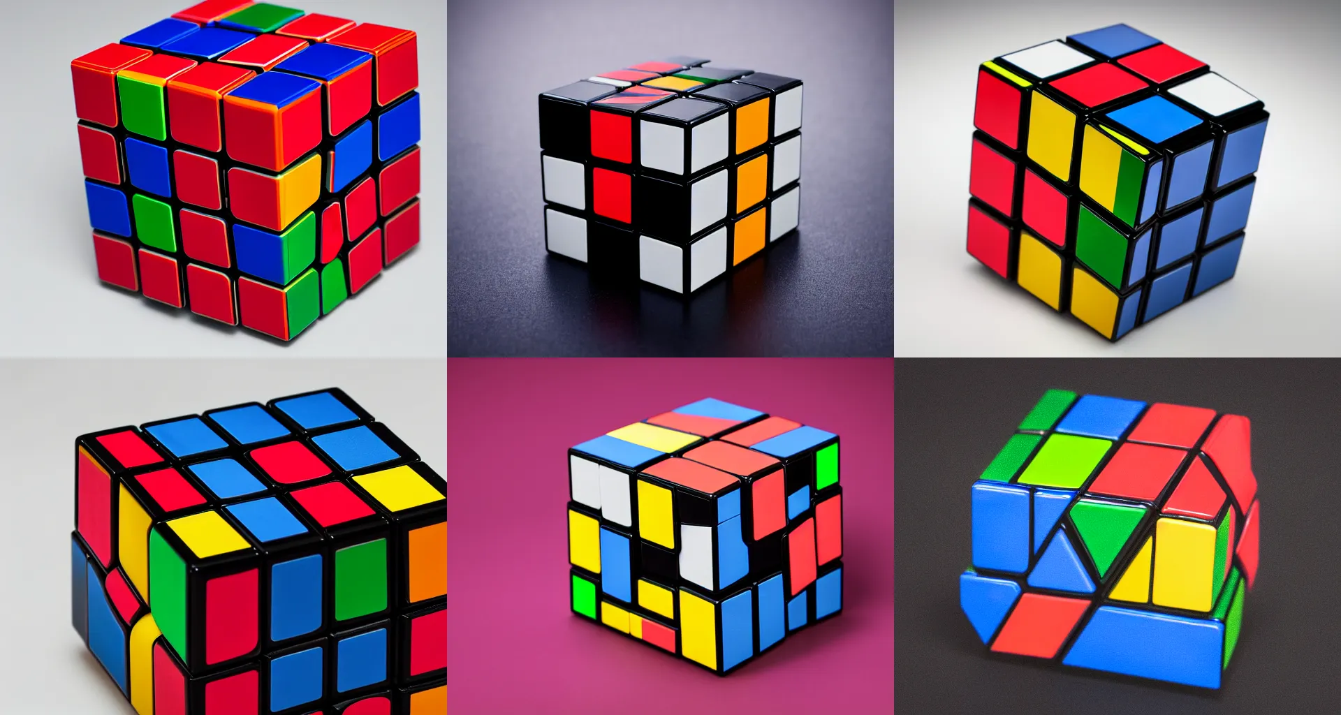 Prompt: professional photograph of a solved rubik's cube, 3 5 mm, studio lighting, dark background