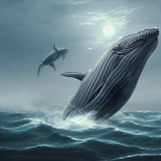Prompt: awe-inspiring digital art painting of a 19th century fishing vessel fighting a giant whale, 4k, matte