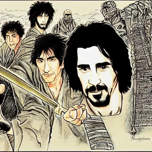 Image similar to attractive 22 year old Frank Zappa x Daniel Radcliff x Keanu Reeves golden Vagabond magic swordsman glides through a beautiful battlefield magic the gathering dramatic esoteric!!!!!! pen and ink!!!!! illustrated in high detail!!!!!!!! by Hiroya Oku!!!!! Written by Wes Anderson graphic novel published on shonen jump 2002 award winning!!!!