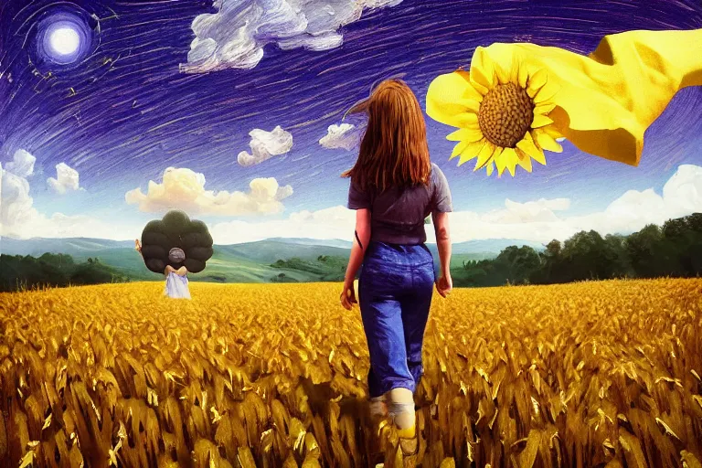 Image similar to giant sunflower as a head, girl walking in wheat field, hills, surreal photography, dark night, star trails, dramatic light, impressionist painting, clouds, digital painting, artstation, simon stalenhag