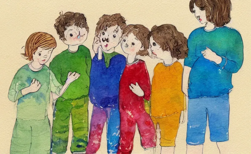 Prompt: children book illustration, A voice that flutters like a soft blanket around the four of them, water color