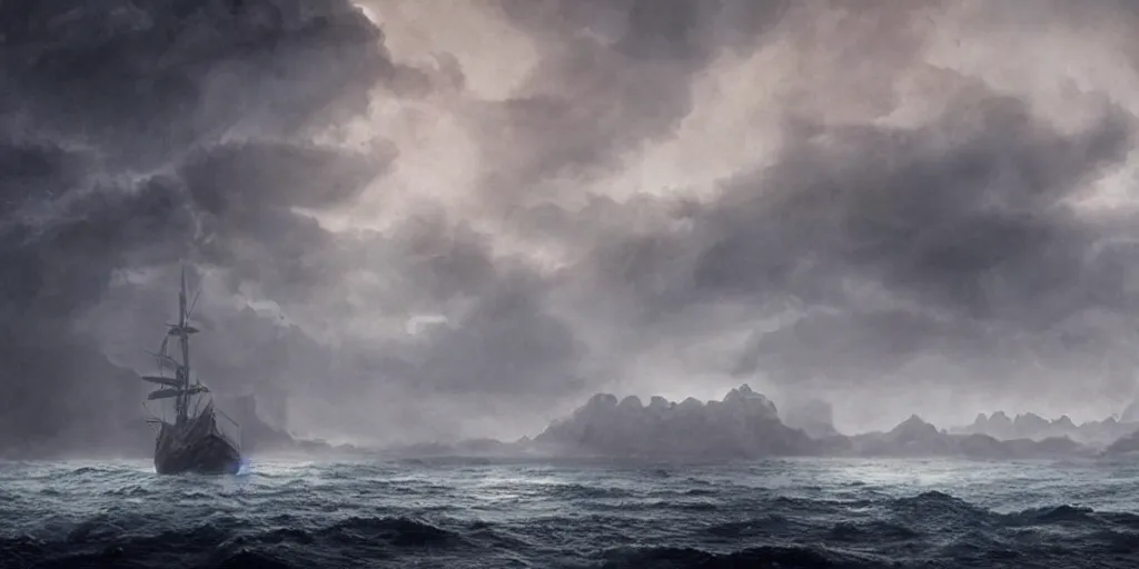 Prompt: epic matte painting of a misty island on choppy seas, cinematic cinematography masterpiece skull