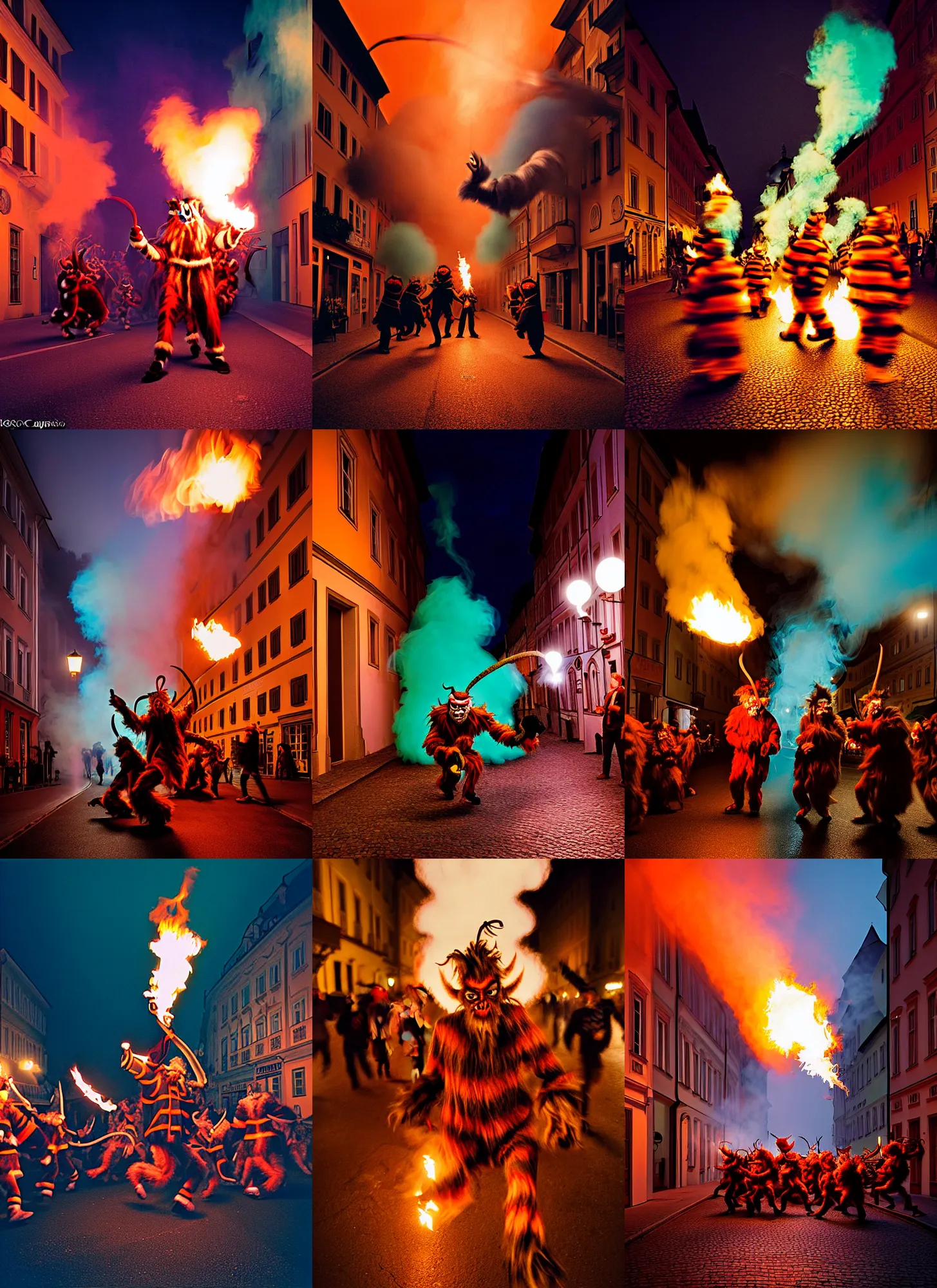 Prompt: kodak portra 4 0 0, award winning dynamic photograph of a bunch of hazardous krampus by robert capas, in muted colours, striped orange and teal, motion blur, on a street in salzburg at night with colourful pyro fire and torches