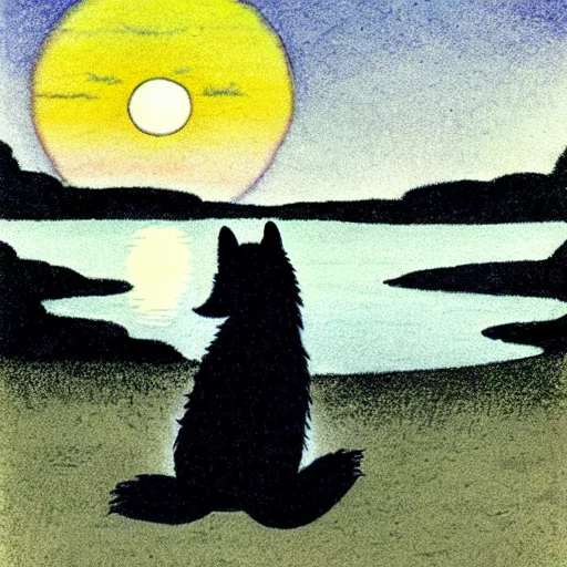 Image similar to view from behind of fluffy baby grey wolf sitting on the shore of a pond, looking out at a sunset, award winning illustration by maurice sendak and don freeman