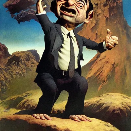 Image similar to mr bean troll, frank frazetta